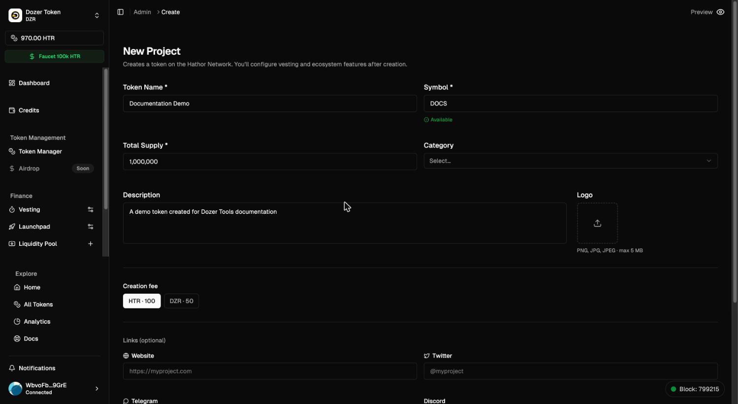 Filled Create Project form showing the Available symbol badge
