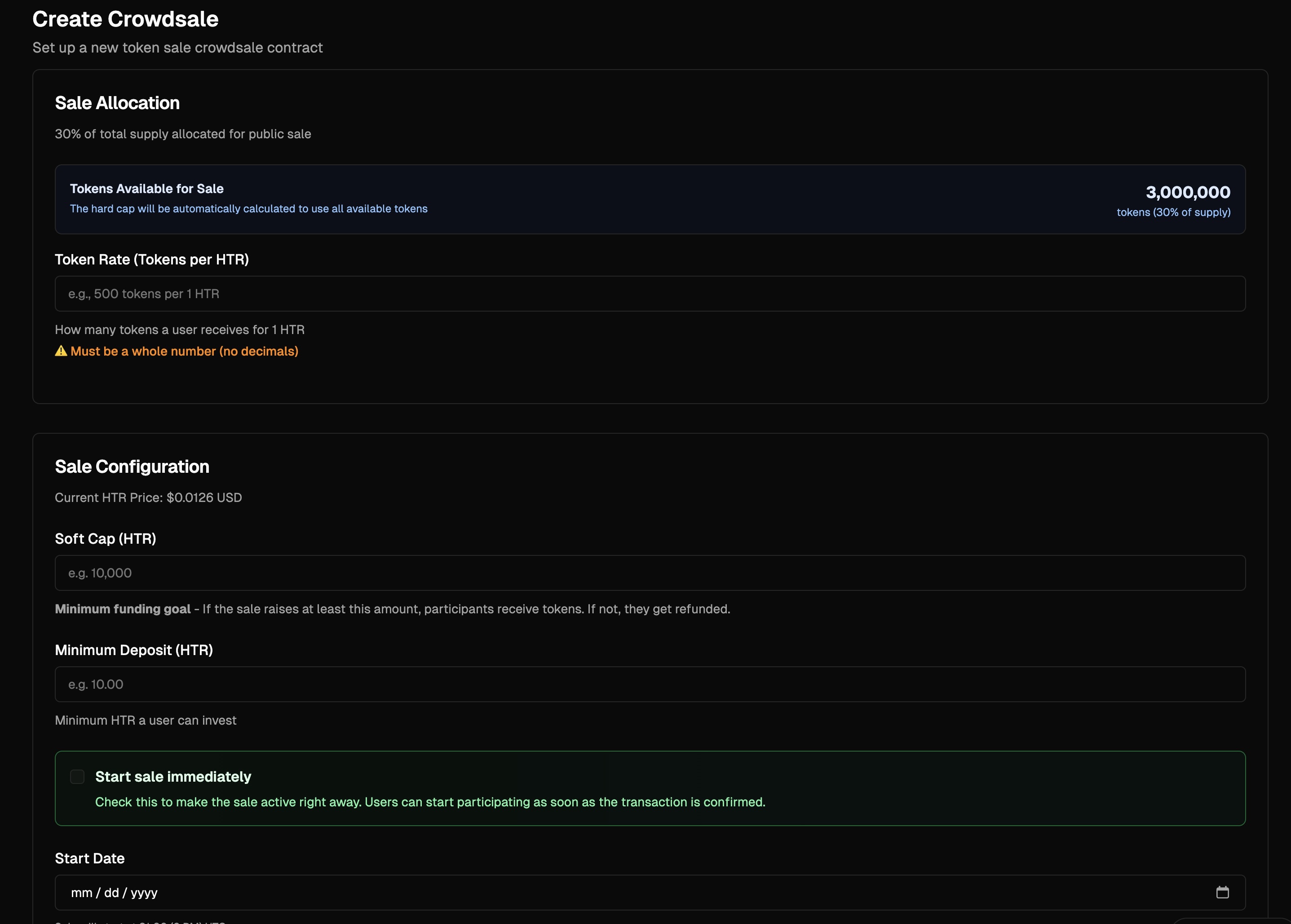 Launchpad setup form with sale parameters
