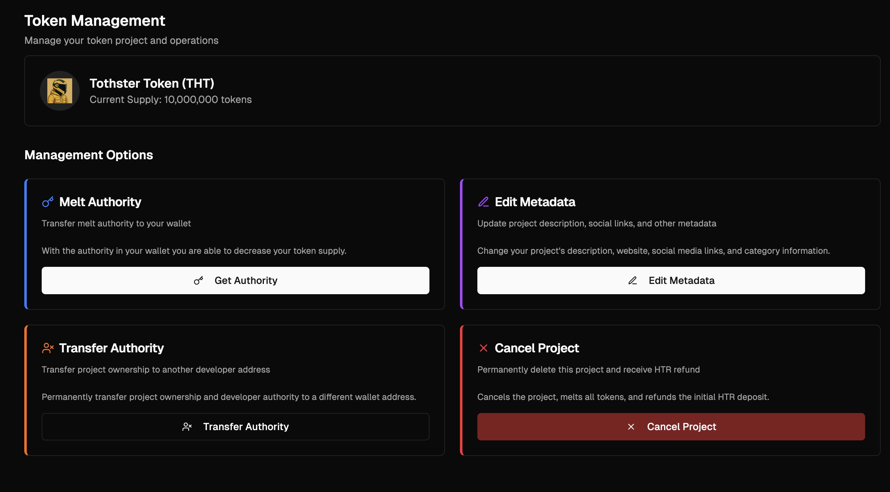 Token Manager page with 4 management option cards