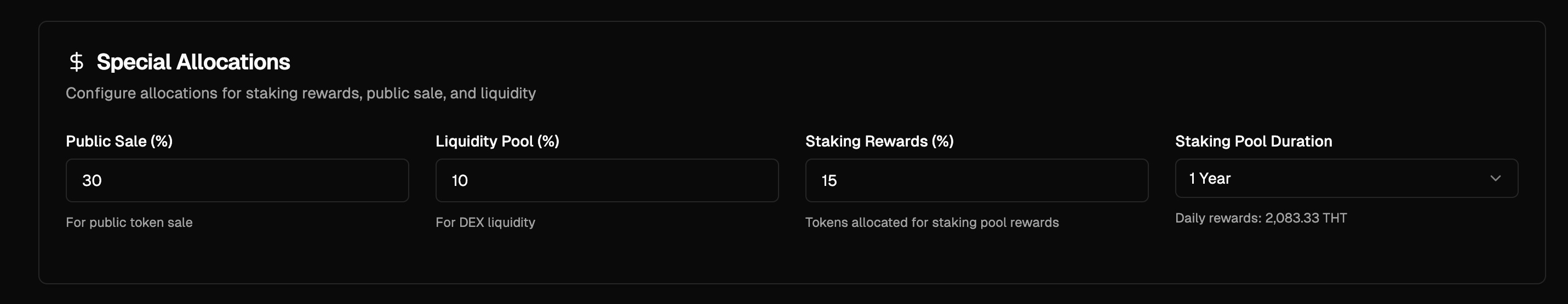 Special Allocations: Staking Rewards, Public Sale, Liquidity Pool fields