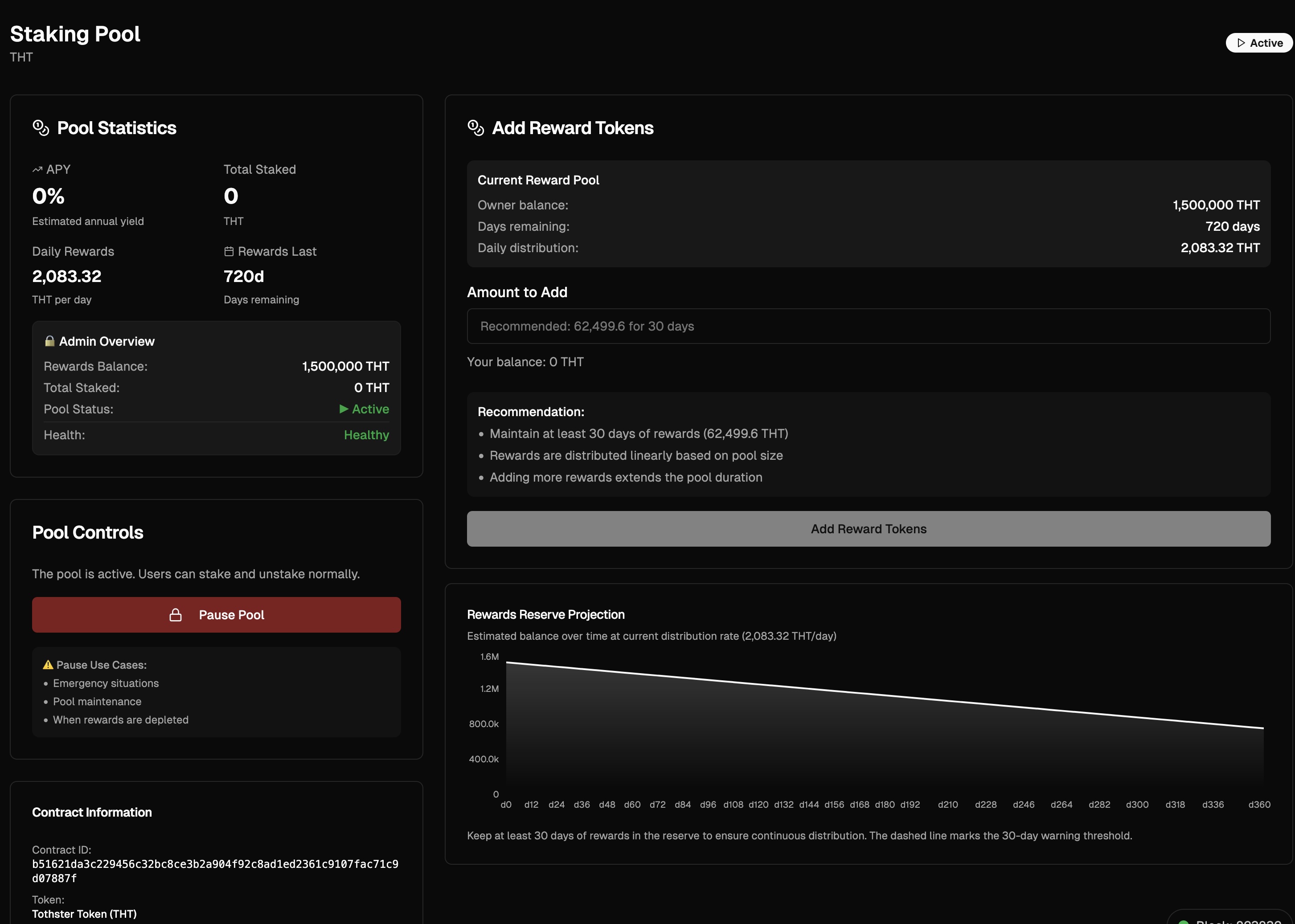 Staking Pool admin management page with statistics, controls, and rewards section