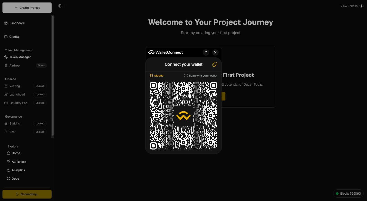 WalletConnect modal with QR code and copy URI button