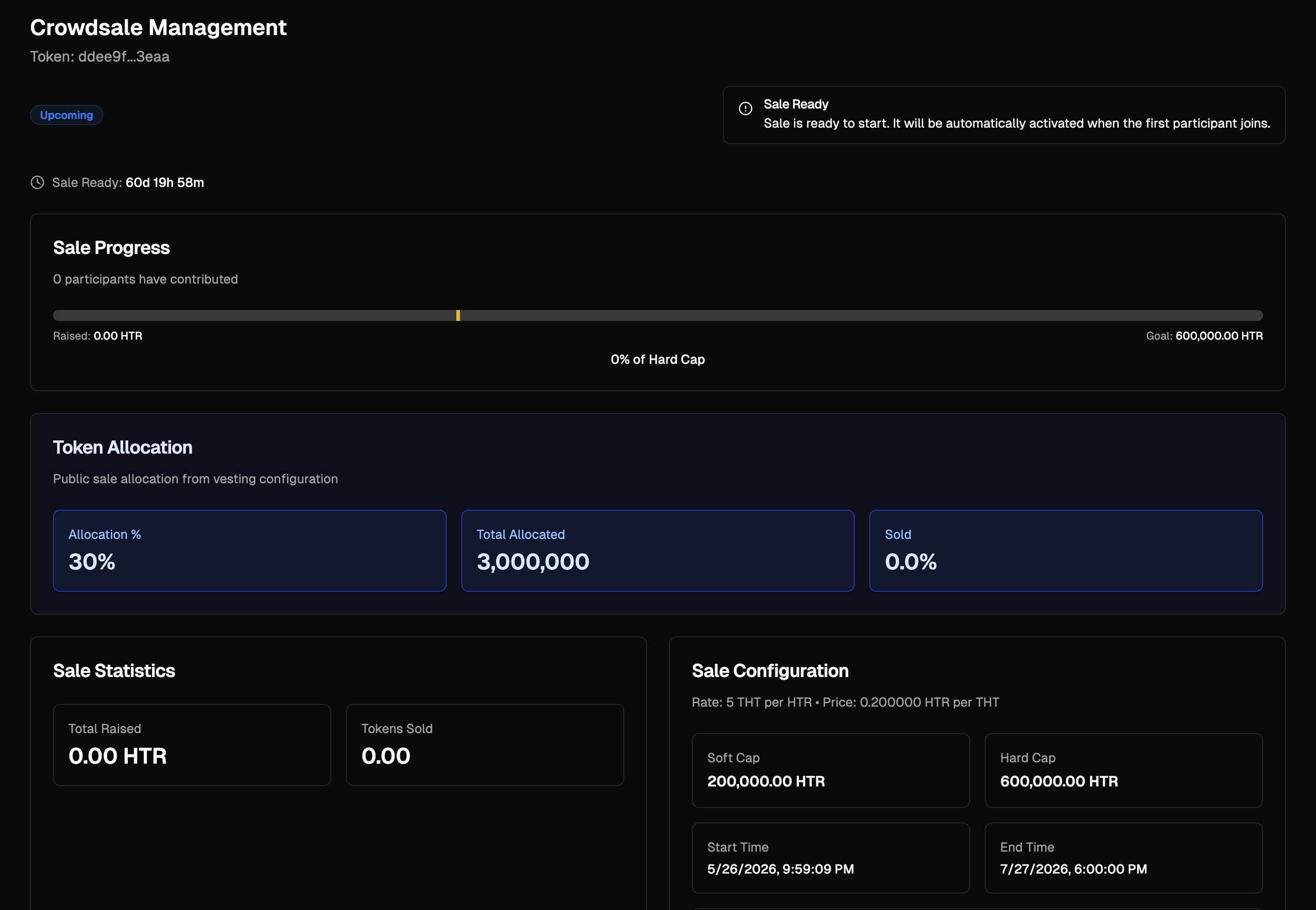 Crowdsale Management view: status, Sale Progress, Token Allocation, Sale Statistics, Sale Configuration