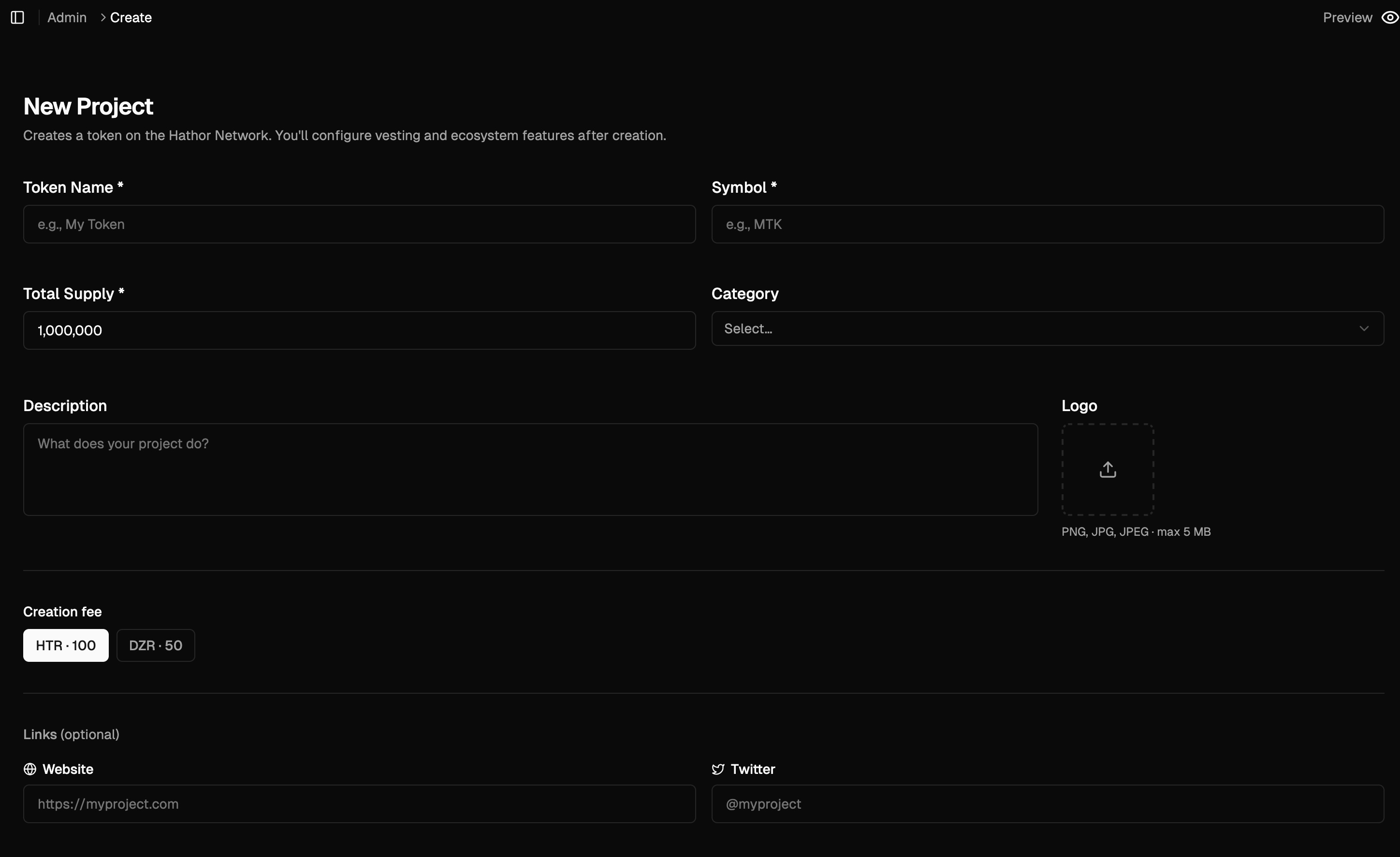 Empty Create Project form