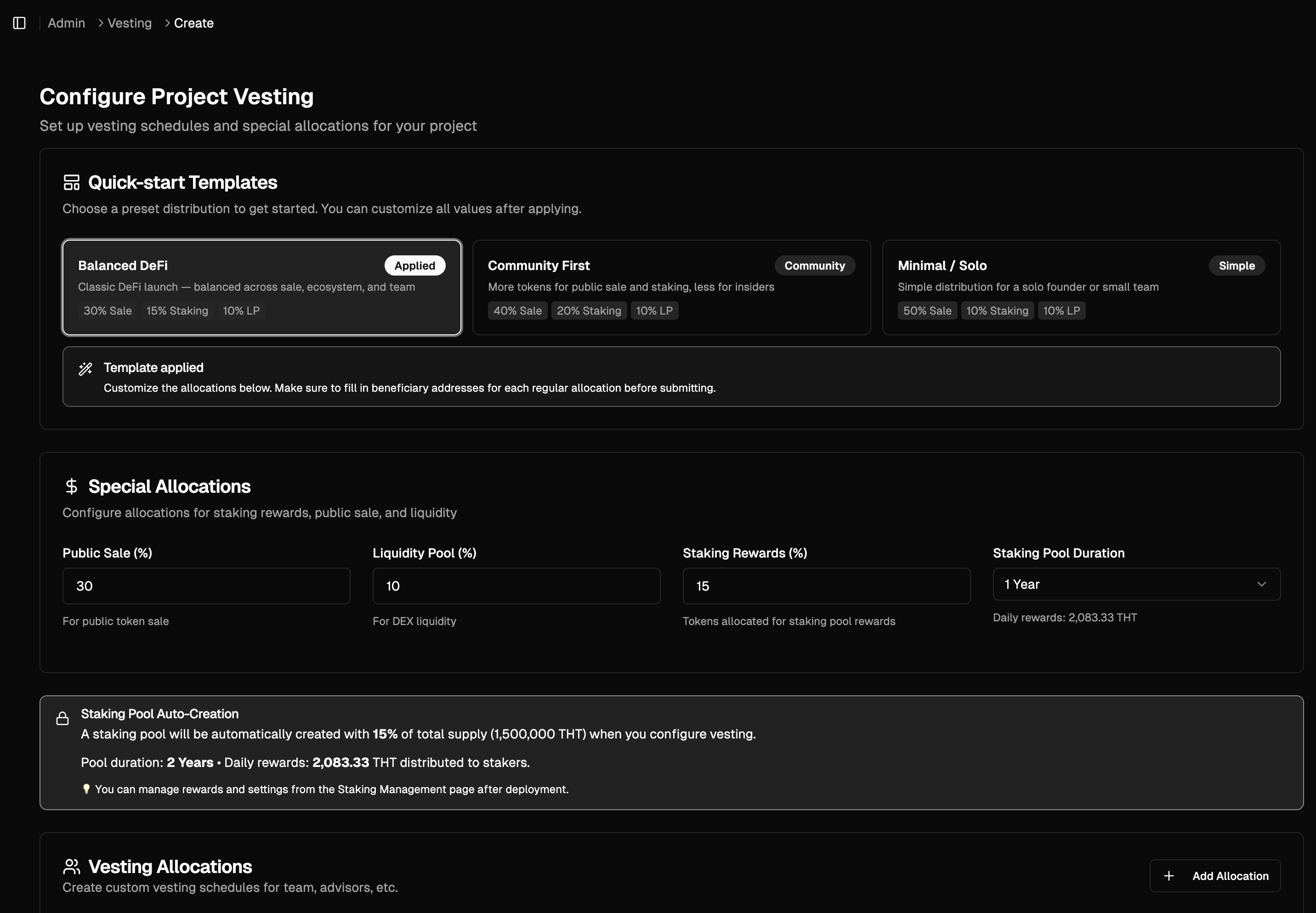 Vesting setup form with Quick-start Templates, Special Allocations and Vesting Allocations sections